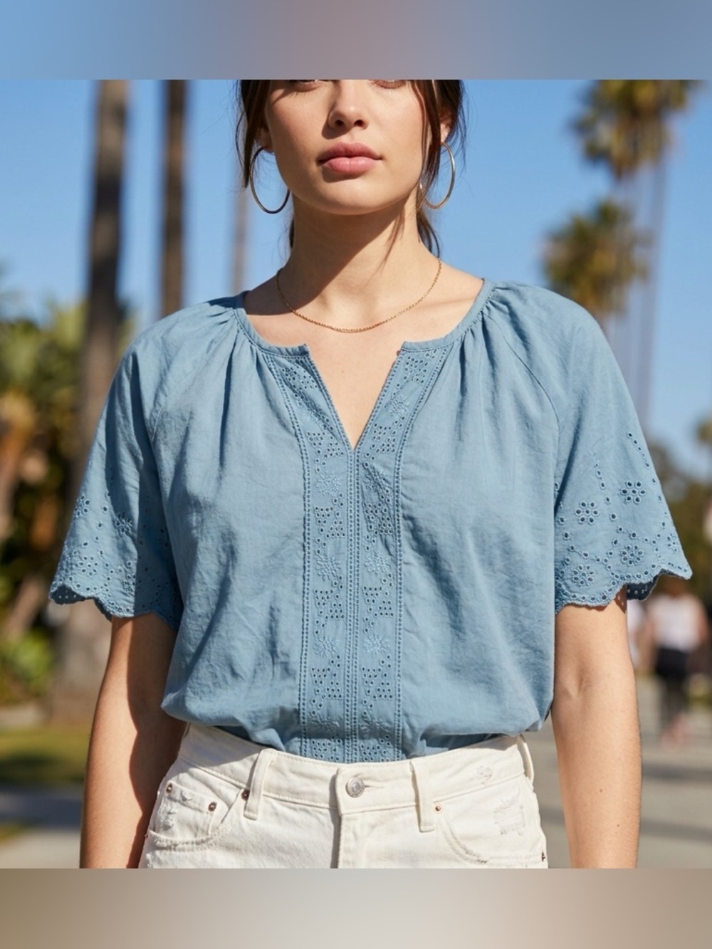 Blue Eyelet Cotton Peasant Blouse